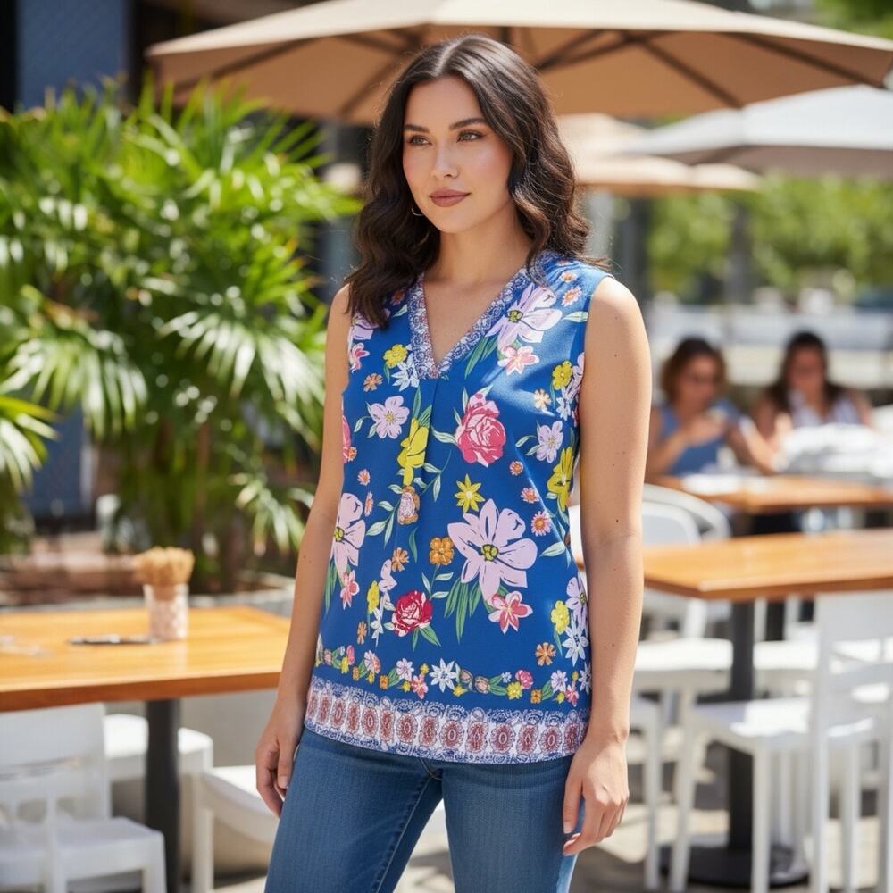Carolina Belle Montreal Floral V-Neck Sleeveless Blouse L